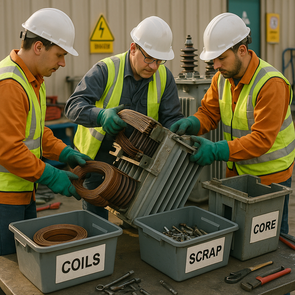 Dismantling a Power Transformer Technicians in safety gear dismantling a large power transformer, organizing parts into labeled containers at a worksite.