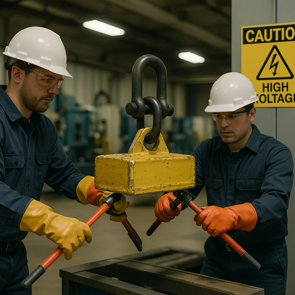 Technicians Handling an Industrial Magnet Two technicians using insulated tools and heavy-duty gloves to move a large industrial magnet with caution signs nearby.