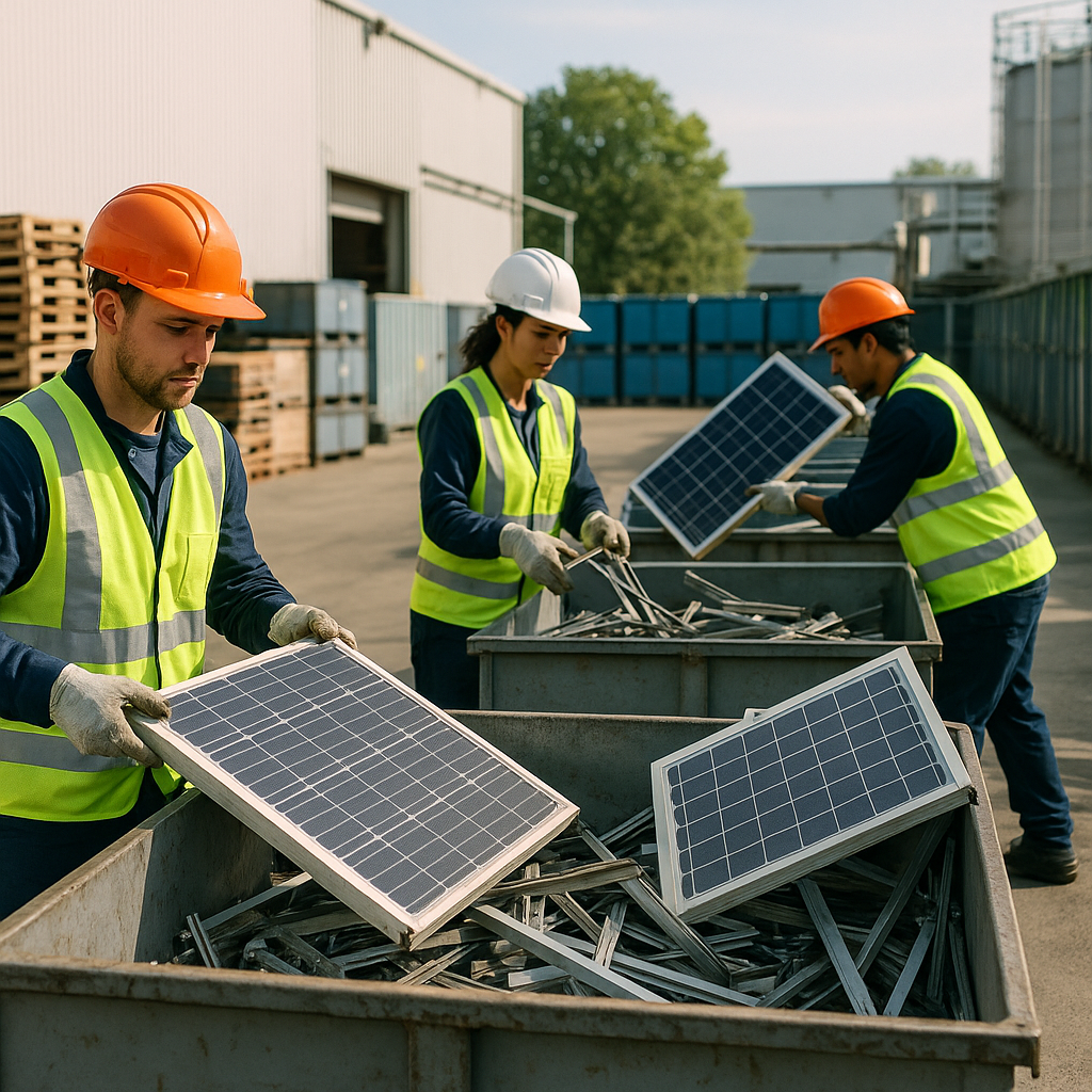 Recycling of Old Solar Panels Technicians sorting and loading old solar panels and metal parts into containers for recycling at a clean industrial facility.