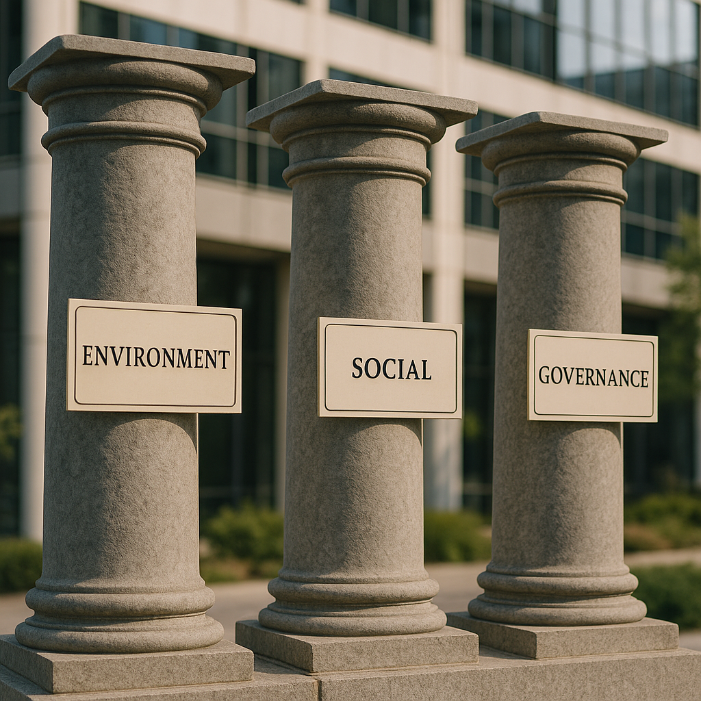 Three Columns: Environment, Social, Governance Three sturdy columns labeled 'Environment', 'Social', and 'Governance' set against a modern office building background.