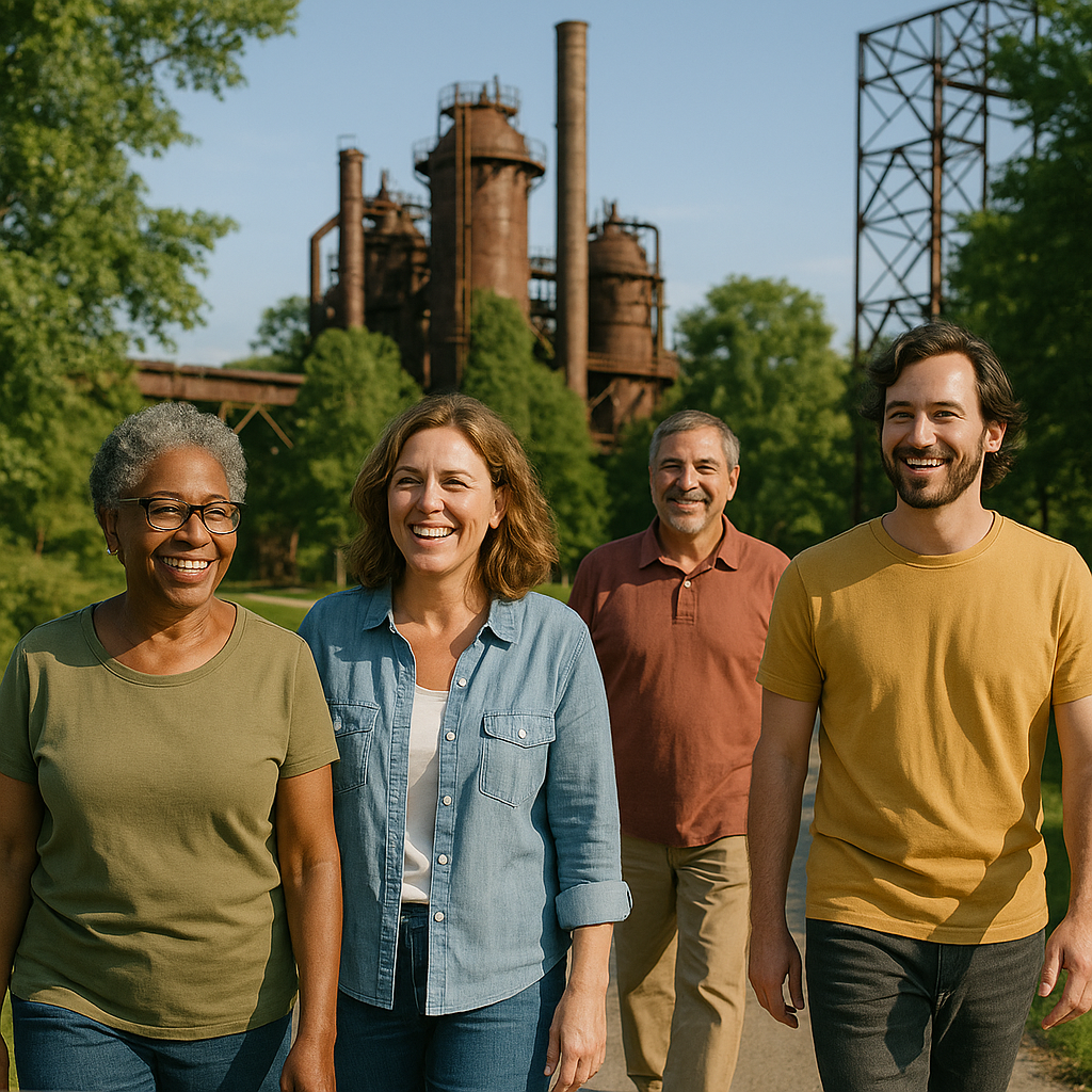 Community Members Enjoying a Transformed Industrial Park Smiling community members walking in a park that was formerly an industrial site under a clear blue sky.