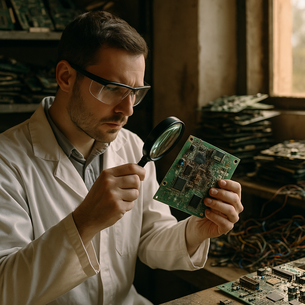 Inspection of Damaged Component in Recycling Workshop Technician inspecting a damaged component on piles of used electronic boards and wires in a cluttered recycling workshop.