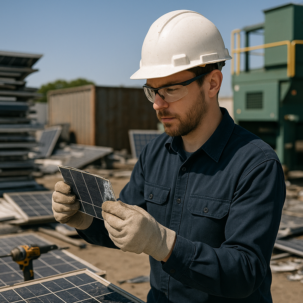 Used Solar Panels Recycling Facility Technician examining piles of used solar panels at a recycling facility with a clear blue sky in the background