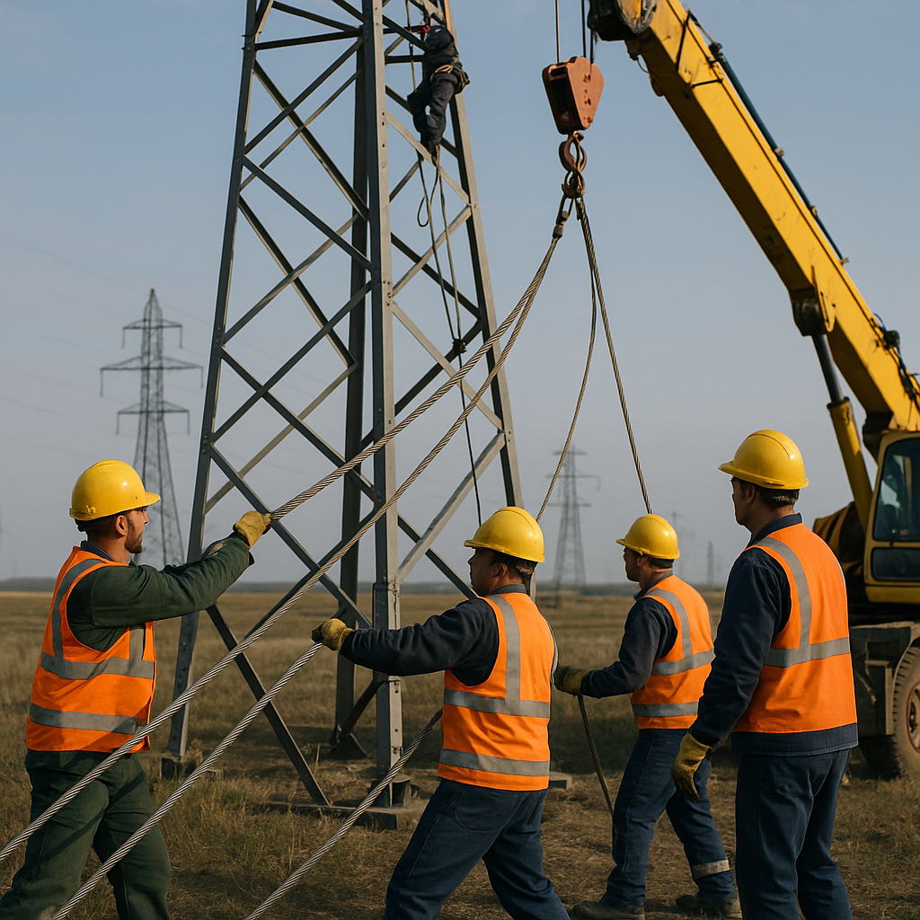 Dismantling Transmission Towers Utility workers in safety gear dismantling metal transmission towers and lowering high-voltage cables using machinery in an open landscape