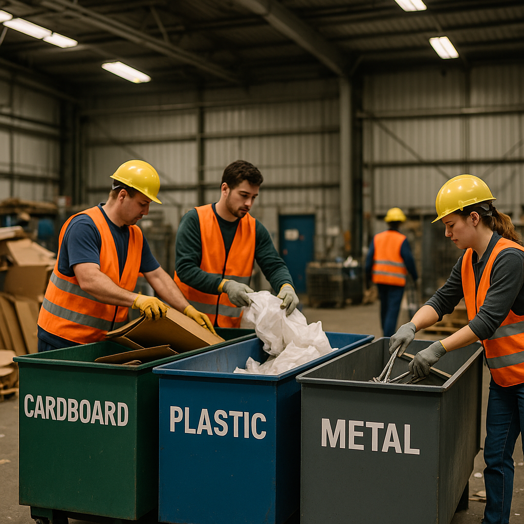 Warehouse Interior with Sorting Bins Large warehouse interior with sorting bins for cardboard, plastic, and metal, where workers are placing materials into labeled containers under bright lighting.