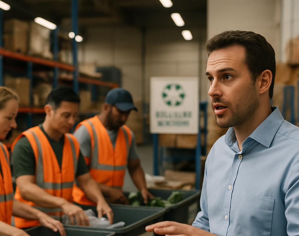 Warehouse manager instructing staff near recycling stations with clear signage, employees organizing recyclable materials in a practical work environment.