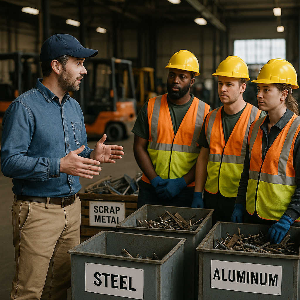 Warehouse manager discussing scrap metal sorting with workers beside labeled metal bins and pallets, forklifts in background.