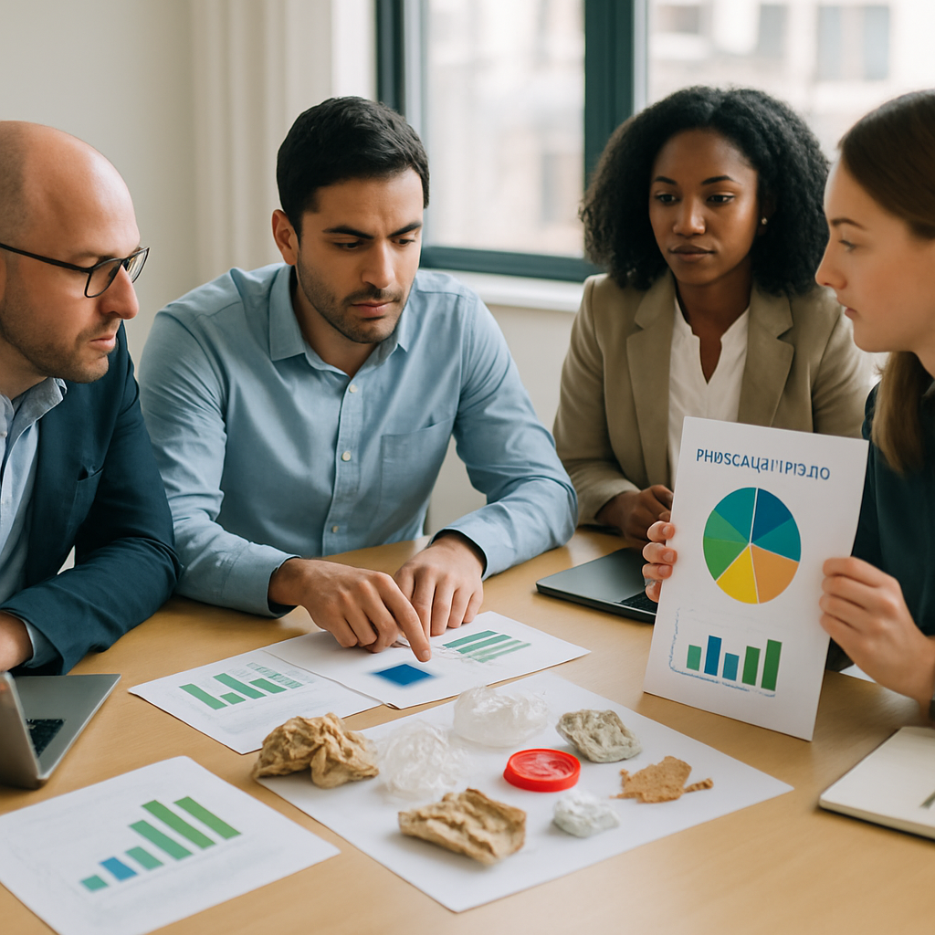 Professionals analyzing waste audit results with charts and waste samples on a conference table in a bright office, highlighting collaboration.