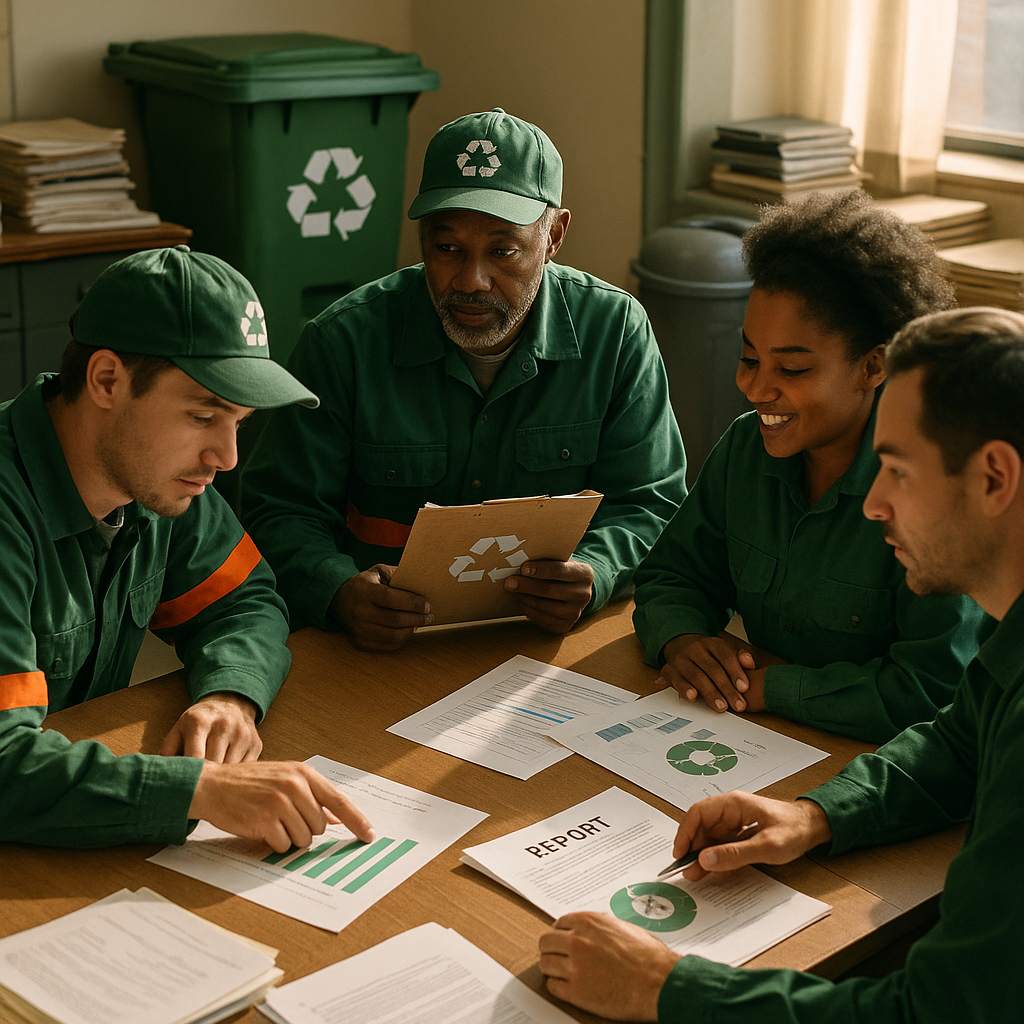 Waste Management Team Meeting Waste management team gathered around a table reviewing reports and charts with recycling bins and trash cans visible in the meeting room.