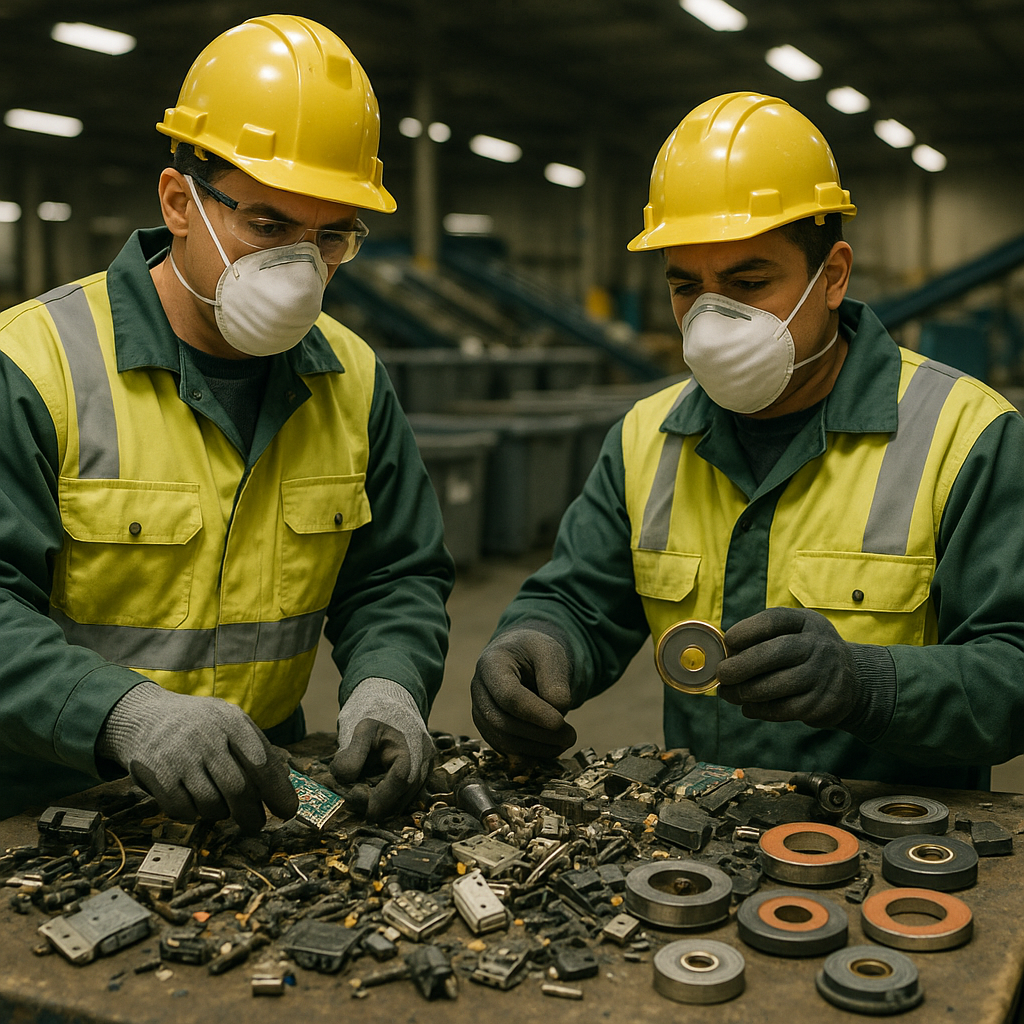 Sorting Discarded Electronics in Recycling Facility Waste workers sorting piles of discarded electronics and magnets in a recycling facility, focused expressions, industrial setting.
