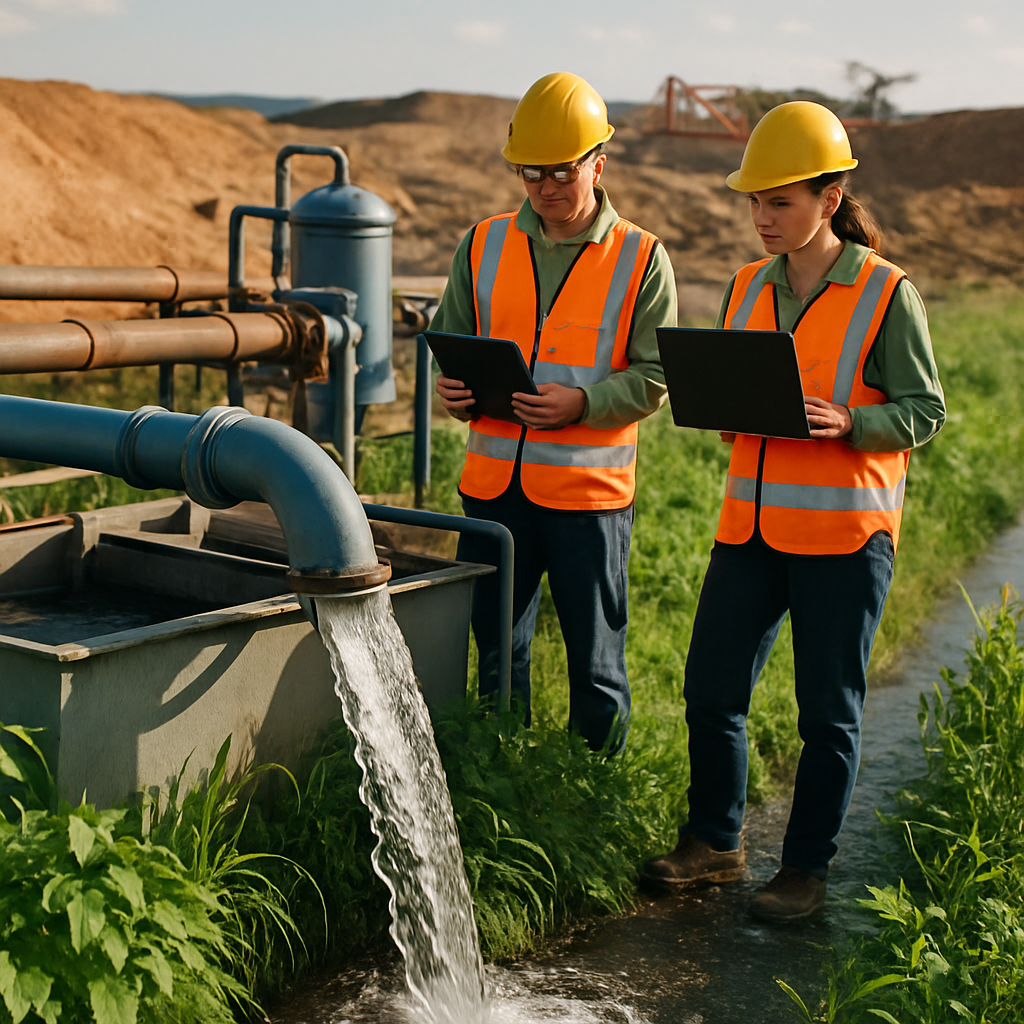 Workers monitoring a water filtration system at a mining site, with clean water flowing into a clear stream surrounded by green plants.