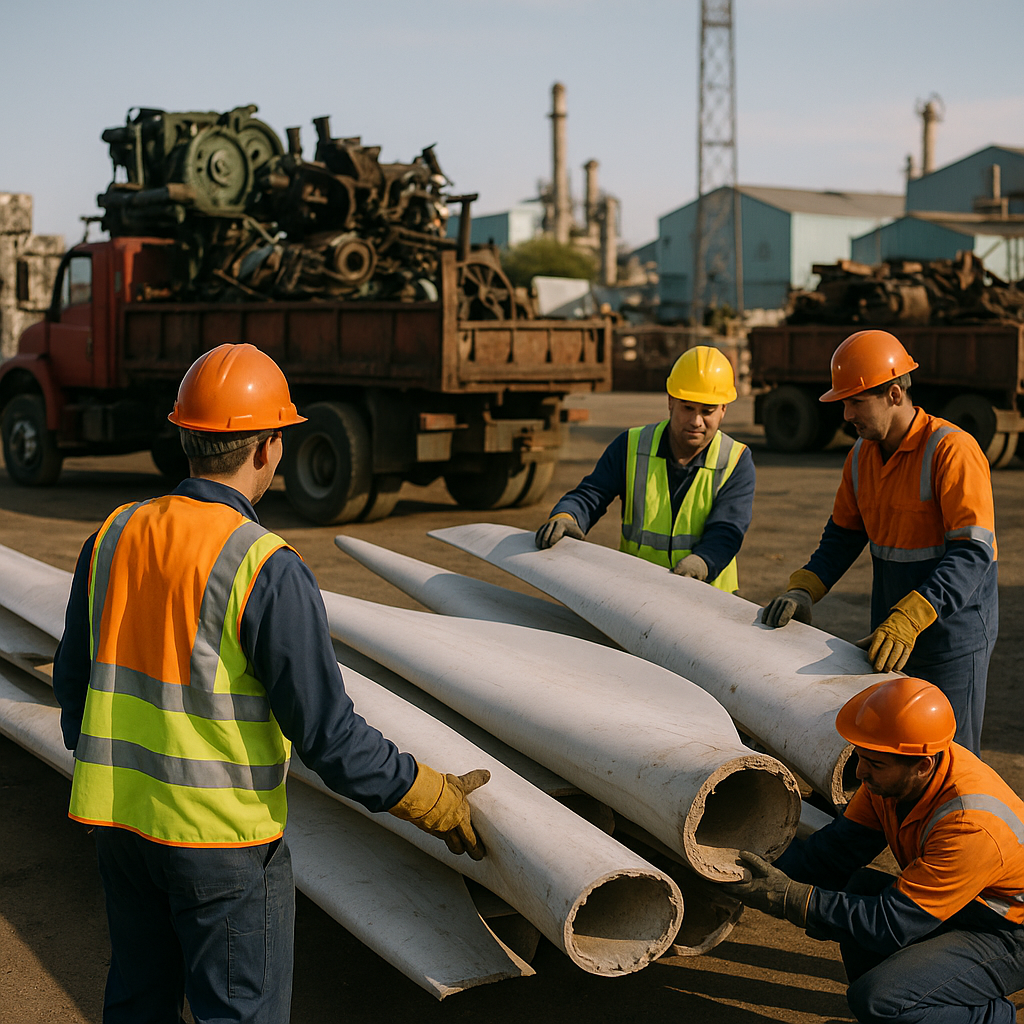 Transport of Wind Turbine Blades for Recycling Large wind turbine blades and metal parts being transported by trucks to a recycling facility, with workers sorting materials in an outdoor industrial setting.