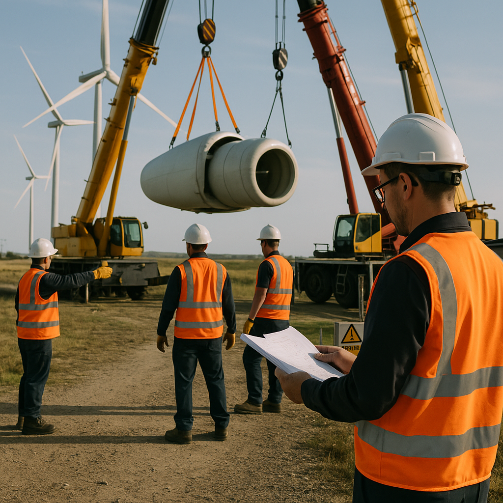 Wind Turbine Removal Team Coordination Team of workers in safety vests coordinating wind turbine removal using cranes, with safety signs visible and a supervisor checking documents on-site.