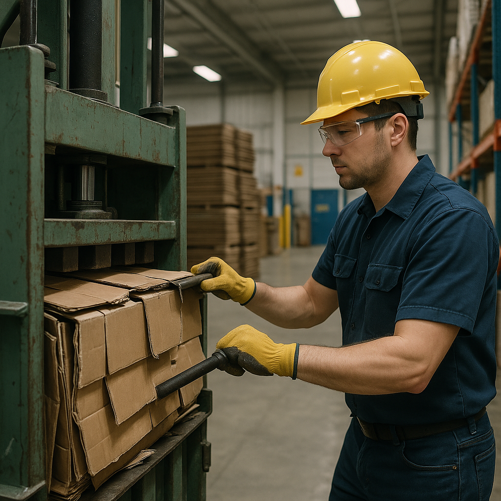 Worker Operating Baling Machine Worker operating a baling machine to compress cardboard boxes in a warehouse, wearing safety gear.