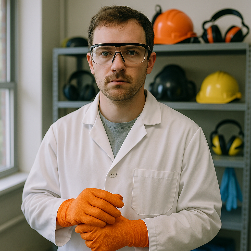 Laboratory Worker in Protective Gear A worker in a laboratory wearing safety gloves, protective goggles, and a lab coat, with a shelf of protective gear in the background.