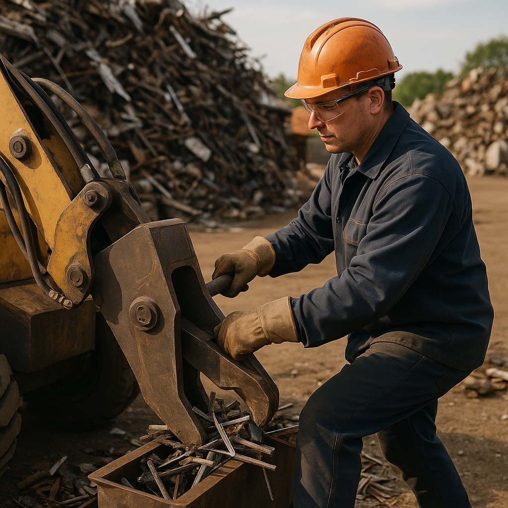 Worker Operating Mobile Shear Machine in Recycling Yard Worker operating a large mobile shear machine to cut metal scraps at a recycling yard with debris in the background