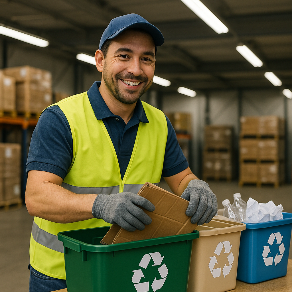 Smiling Worker Loading Recycling Bins Worker smiling as they load reusable materials into clean recycling bins in an organized warehouse.