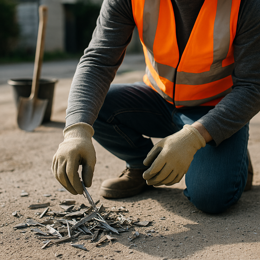 Construction Worker Clearing Dangerous Debris Worker in safety vest removing sharp metal fragments from construction site driveway using gloved hands, close-up of dangerous debris on ground