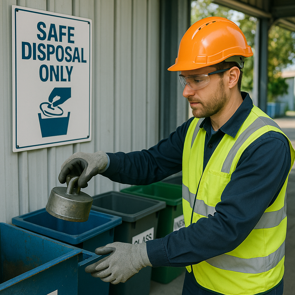 Safe Disposal of Industrial Magnet Worker in safety gear placing an industrial magnet into a designated disposal container at a clean recycling center with clear signage about safe disposal.