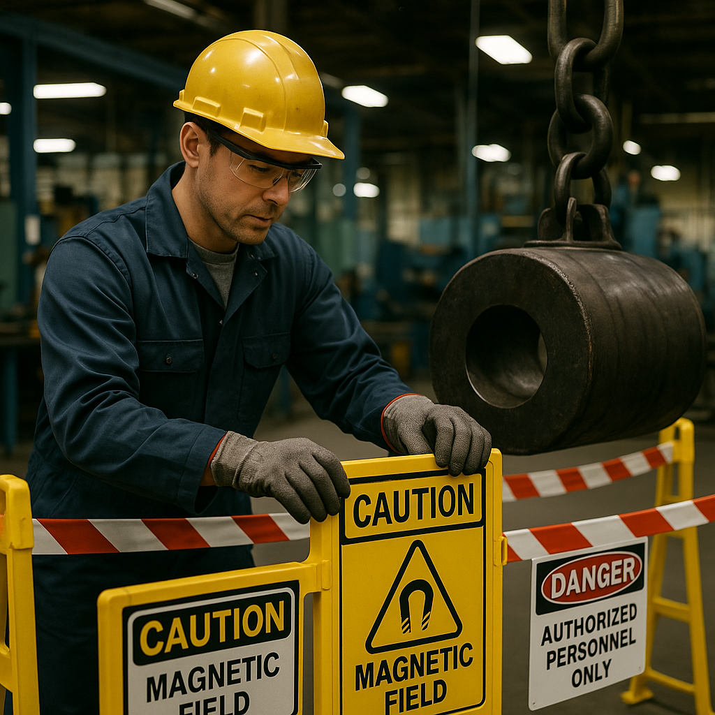 Safety Precautions Around Industrial Magnet Worker wearing protective gloves and safety goggles setting up warning signs and barriers around a large magnet in an industrial facility.