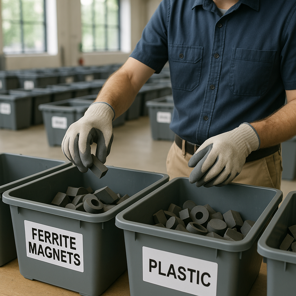 Worker wearing gloves sorting ferrite magnets into labeled recycling bins in a clean recycling facility.