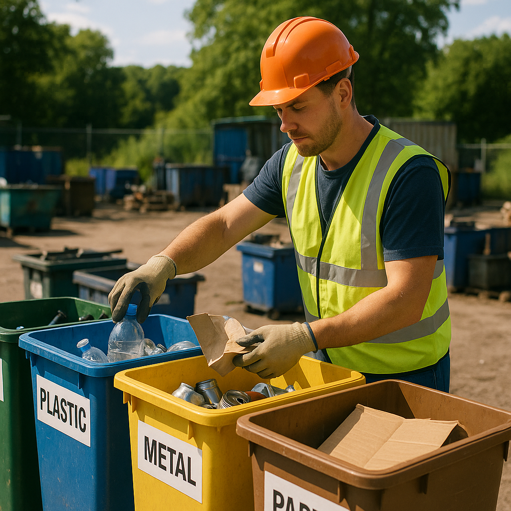 Recyclable Sorting at Waste Facility Worker sorting different types of recyclables at waste facility, with a lush green landscape in the background, highlighting environmental protection.