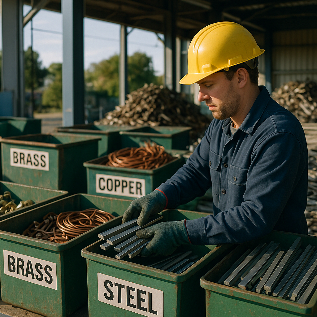 Worker Sorting Scrap Metal in Recycling Center Worker wearing protective gear sorting and organizing cleaned scrap metal by type in separate bins at a bright recycling center.