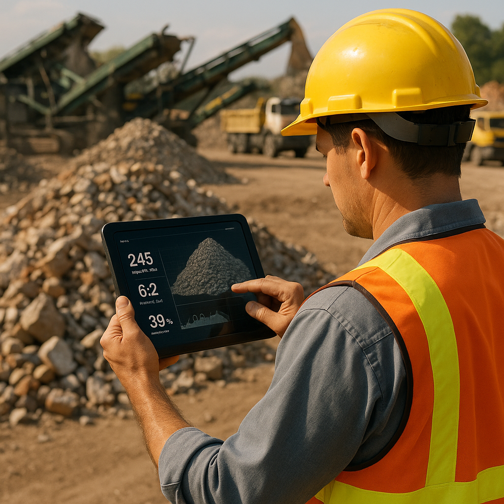 Worker Scanning Debris on Construction Site Worker using a tablet computer to scan debris piles on a construction site, with sorting machinery and trucks in the background.