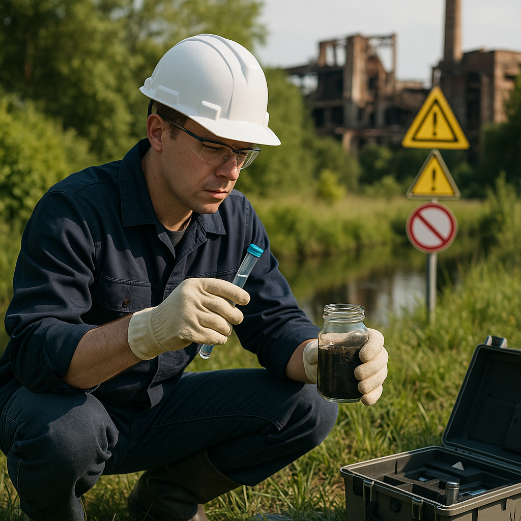 Soil and Water Testing at Dismantled Industrial Site Worker testing soil and water samples near a dismantled industrial site with safety signs and a green landscape.