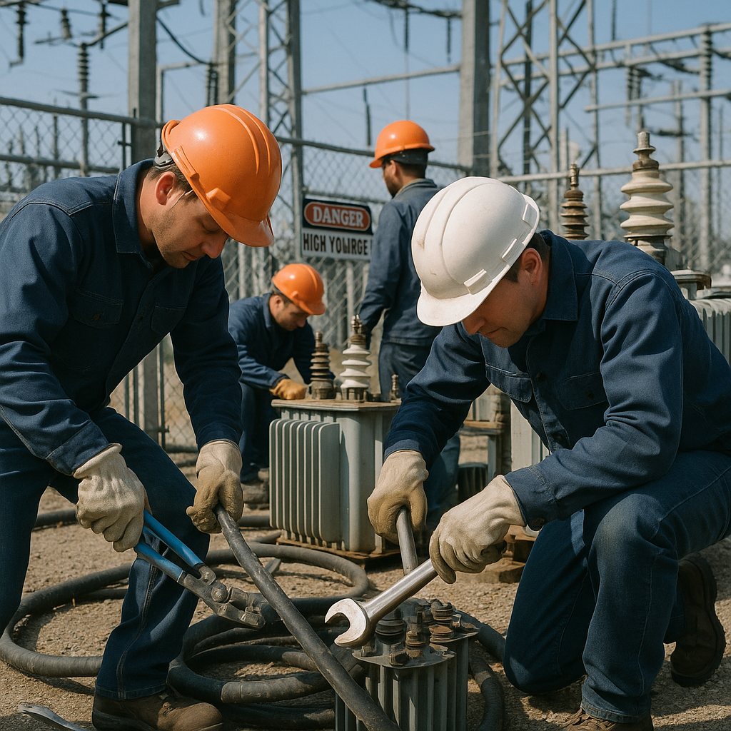 Dismantling Electrical Transformers in a Substation Workers in safety gear dismantling electrical transformers and cables inside a fenced power substation with a blue sky overhead