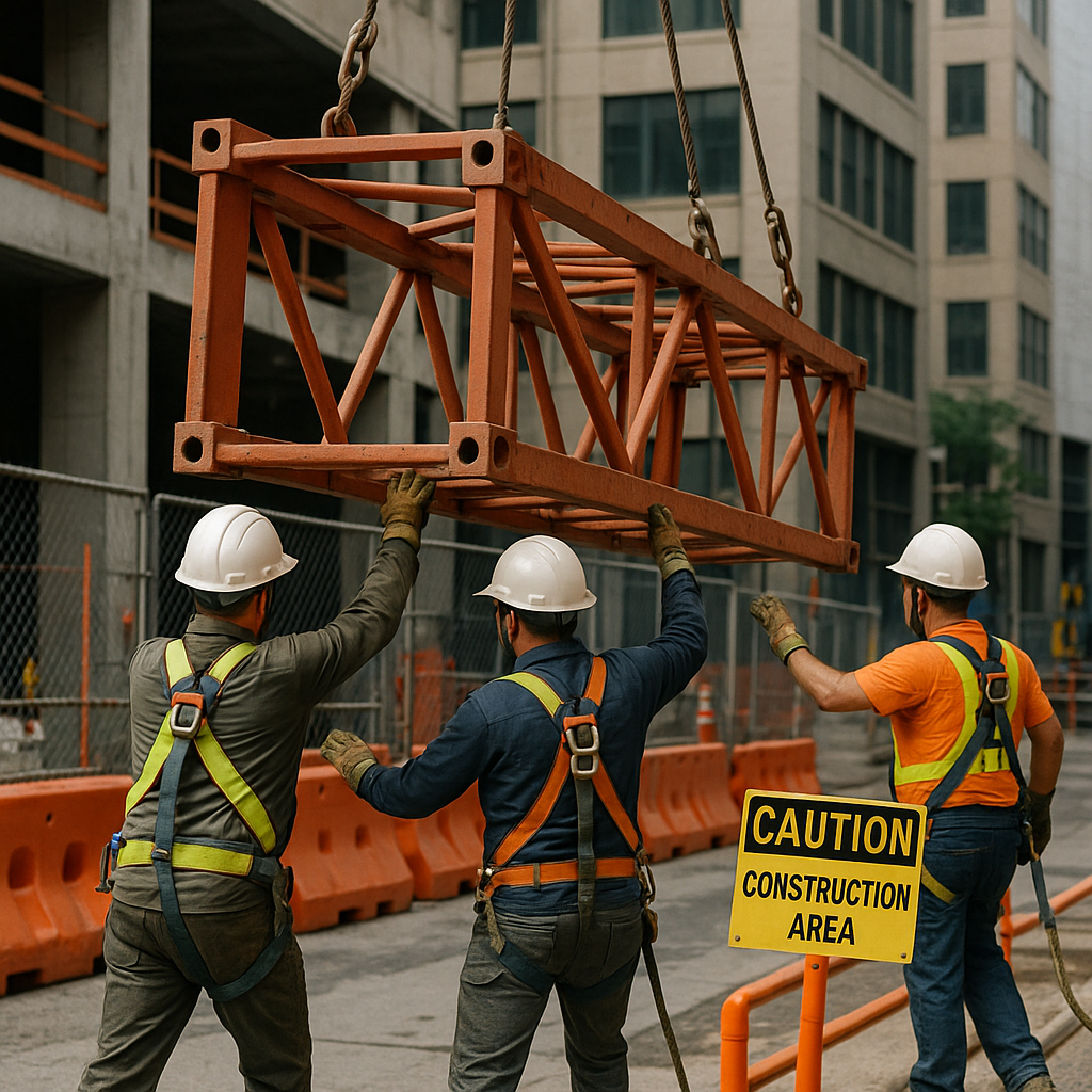 Workers in helmets, harnesses, and reflective vests guiding a suspended crane section with safety barriers and caution signs nearby.