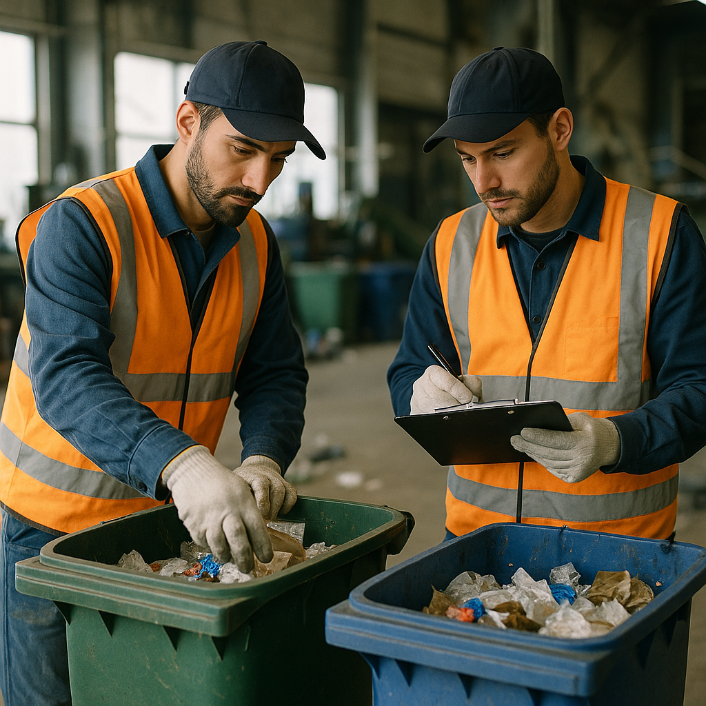 Two workers in safety vests inspecting trash bins and sorting materials on a facility floor, recording notes on a clipboard with daylight filtering in.