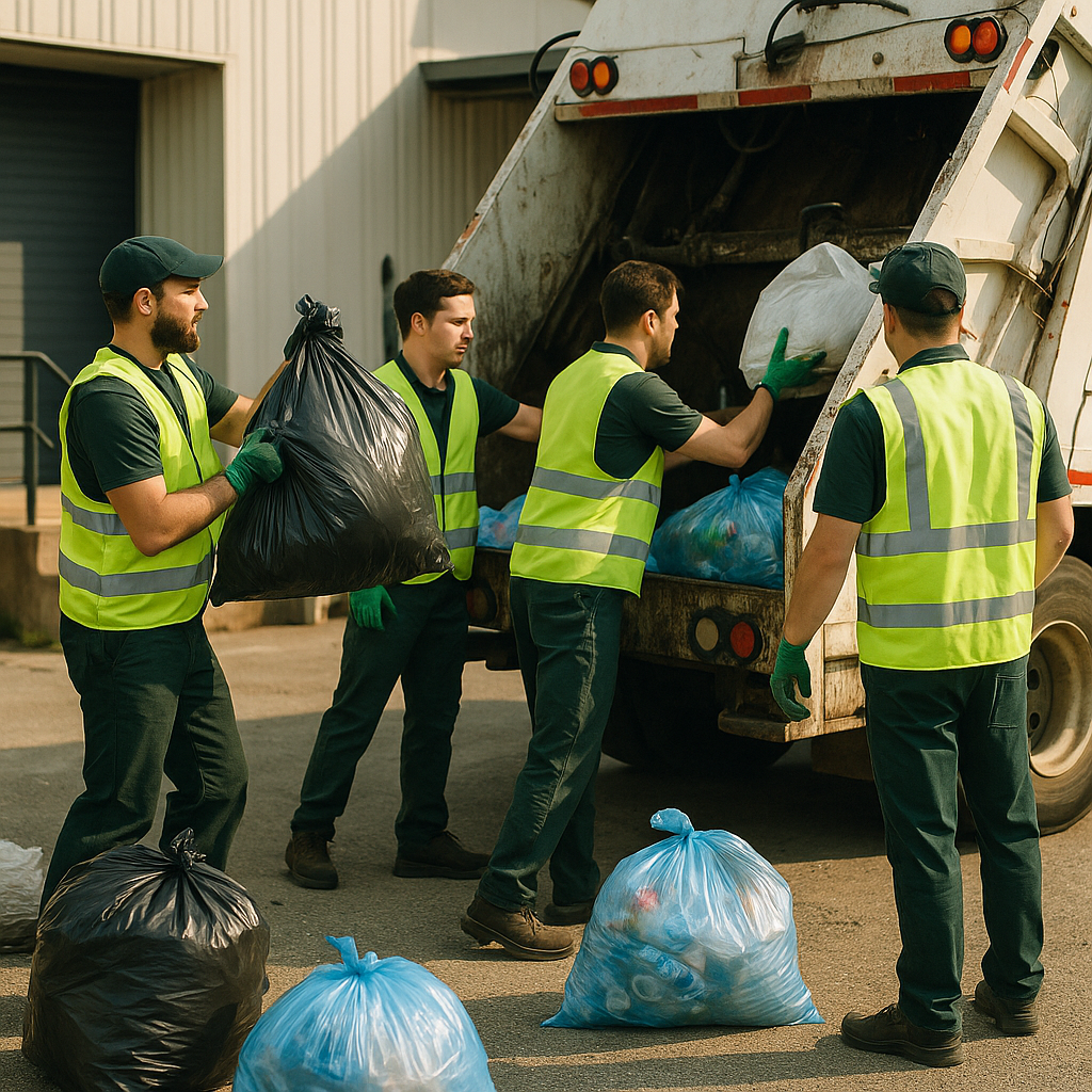 Loading Recyclables and Trash Workers loading sorted bags of recyclables and trash onto a commercial waste collection truck outside a workplace