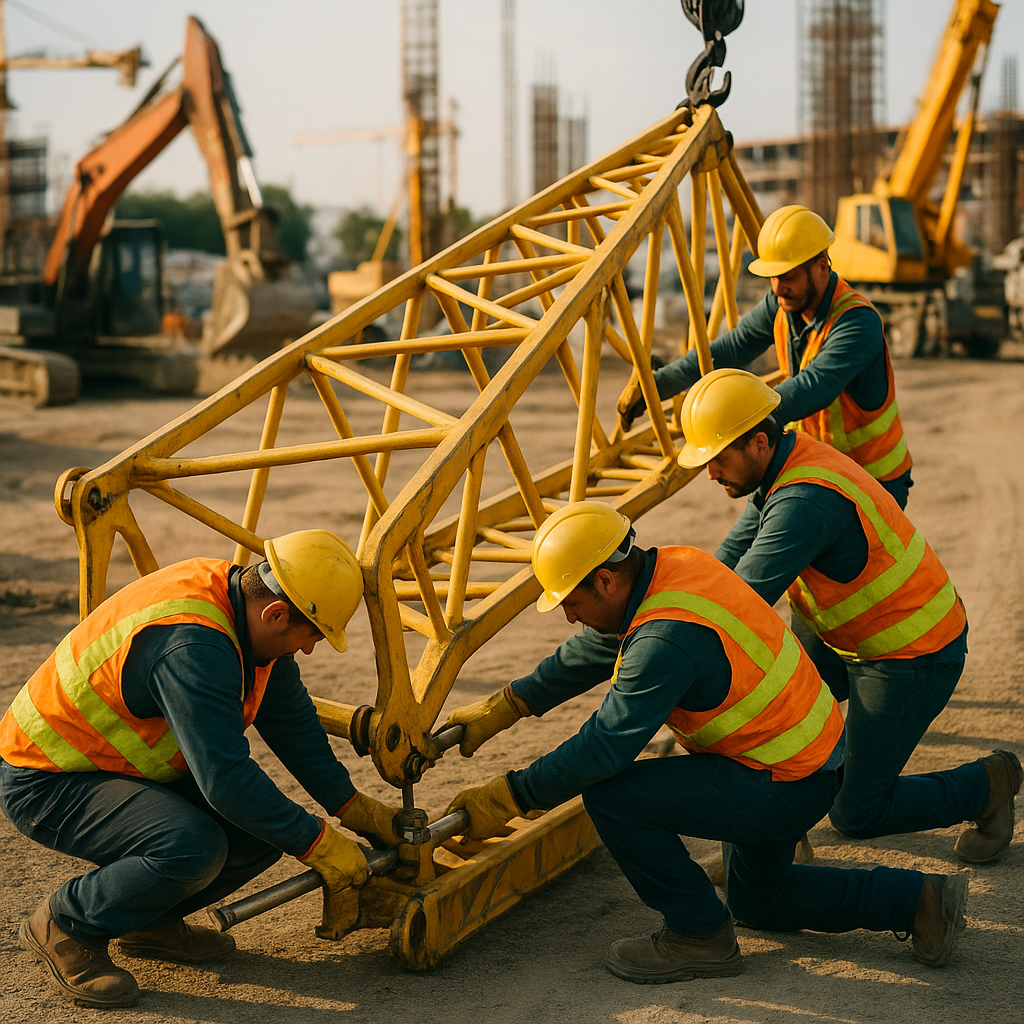 Team of workers in safety gear carefully unbolting and lowering crane sections on a construction site, with a large crane boom being lowered to the ground.