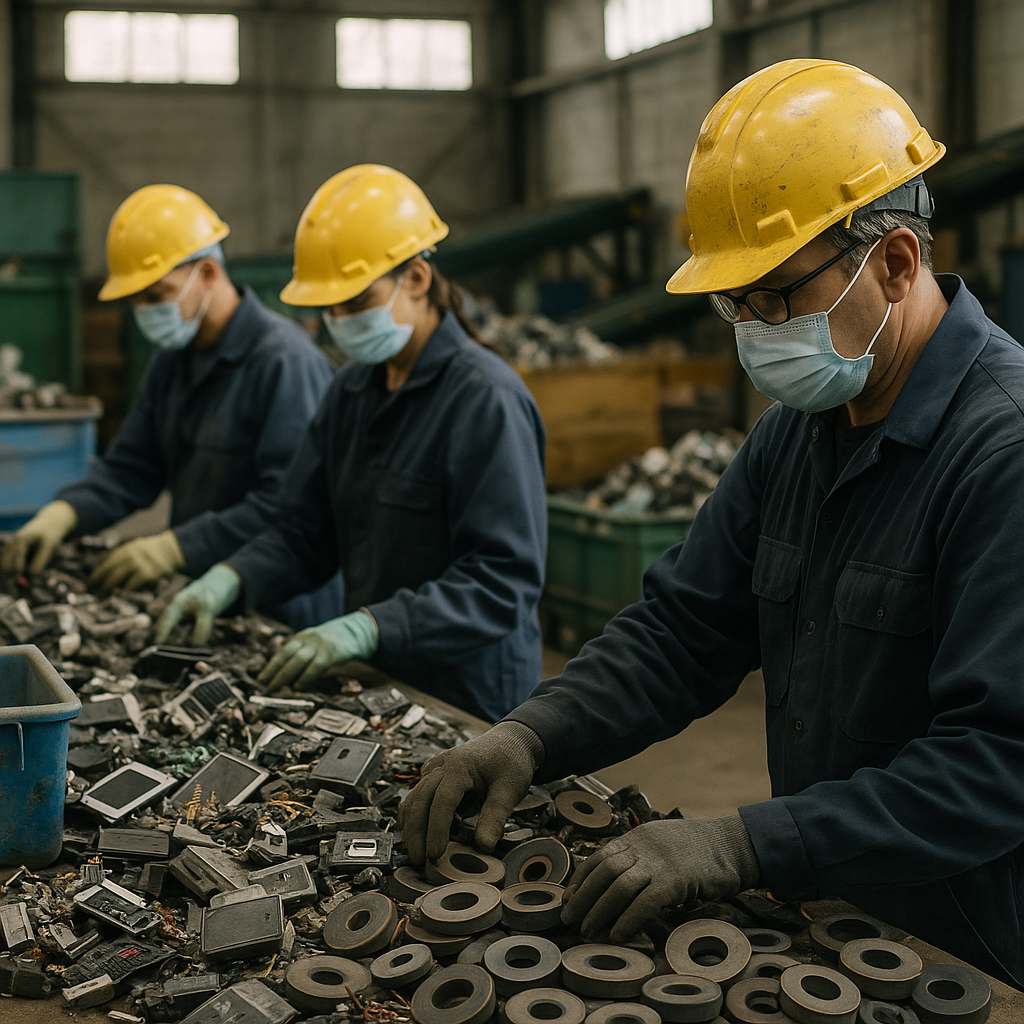 Electronic Waste Recycling Process Workers in protective gear sorting through piles of discarded electronics and industrial magnets in a recycling facility.