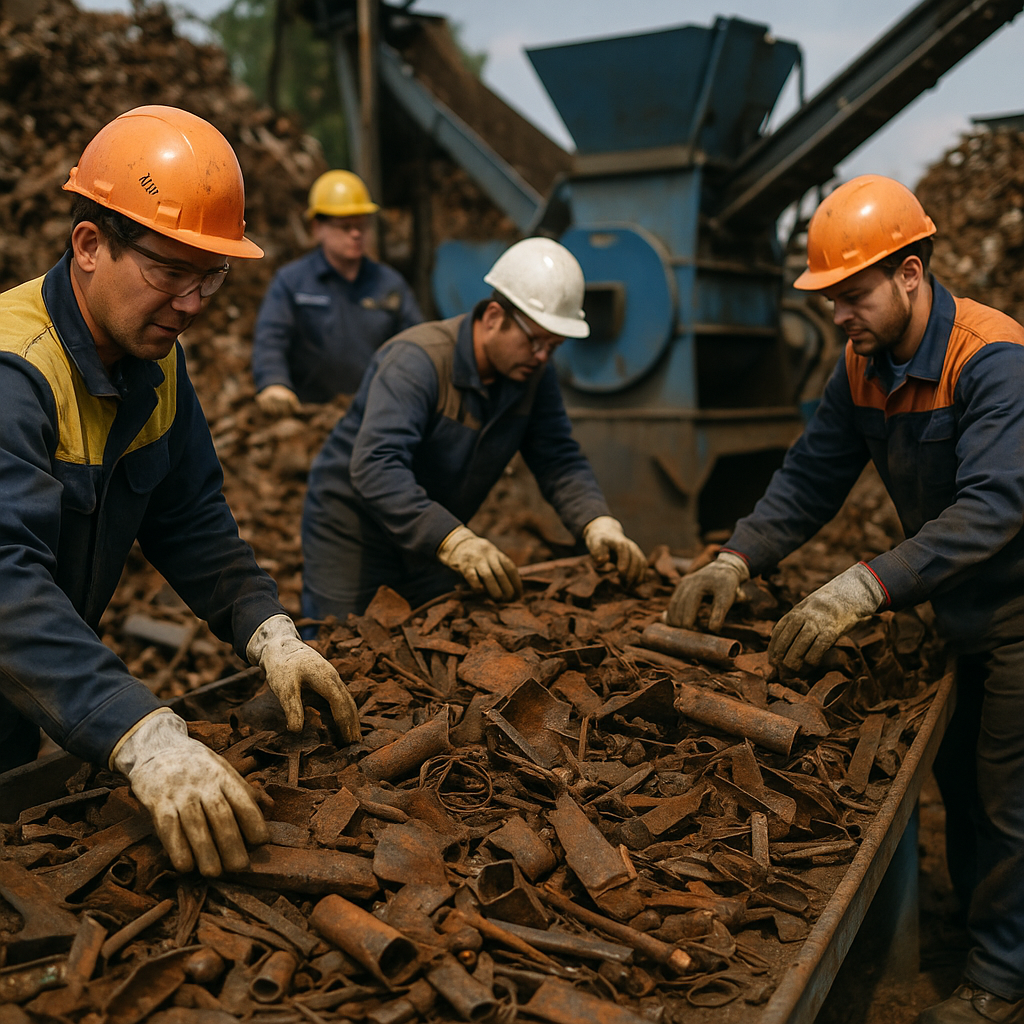 Workers in safety gear sorting and processing rusty metal scrap at a recycling facility with large machinery and heaps of metal pieces
