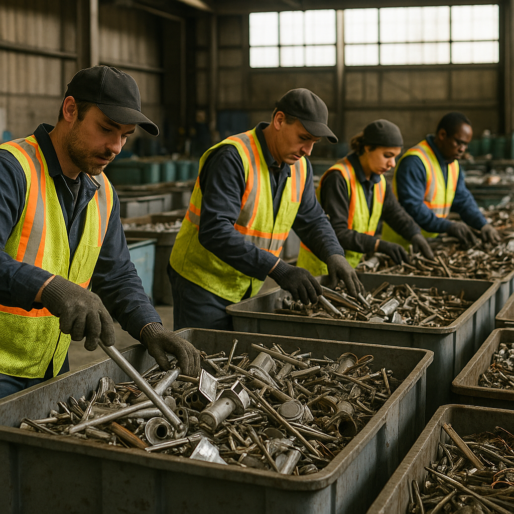 Sorting Metal Scraps in a Recycling Facility Workers in safety vests sorting metal scraps in a recycling facility with sunlight streaming through high windows.