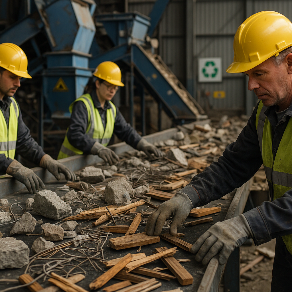 Recycling Facility Workers Workers sorting concrete, metal, and wood scraps on conveyor belts at a recycling facility with machinery in the background under realistic lighting.