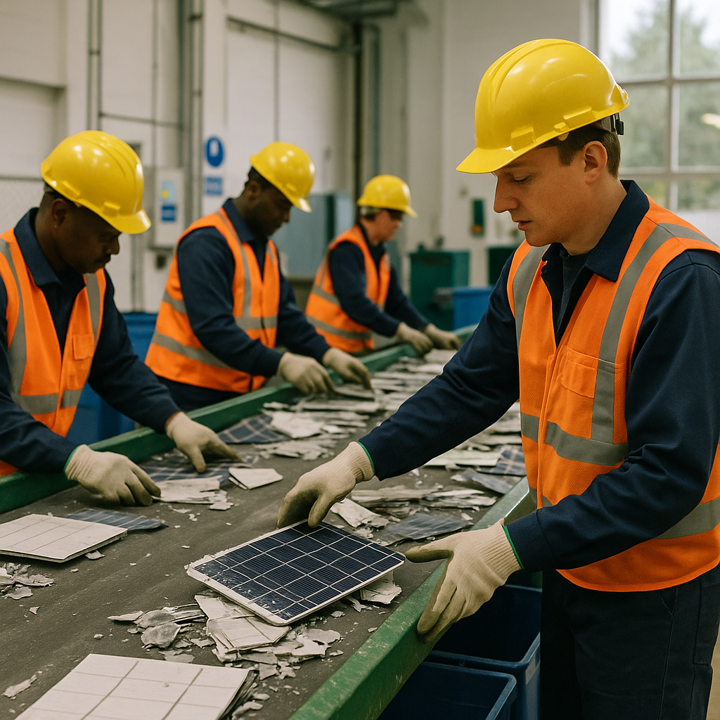 Sorting Solar Panel Parts in a Recycling Facility Workers in safety gear sorting dismantled solar panel parts in a recycling facility with conveyor belts.