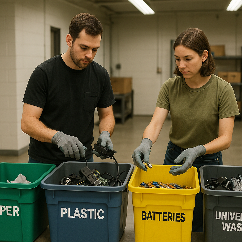 Workers in gloves sorting universal waste into labeled recycling bins in a clean facility.