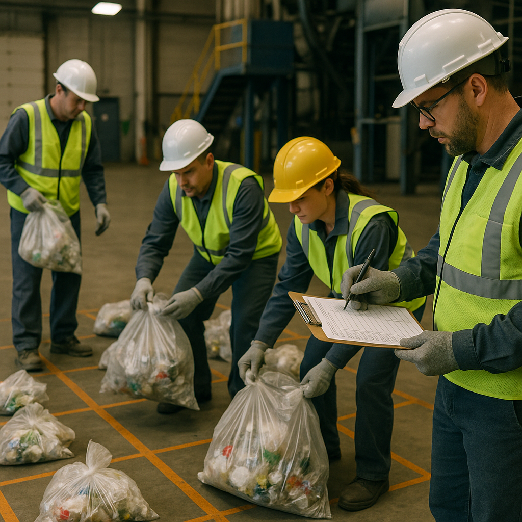 Team of Workers Examining Waste A team of workers examining and recording types of waste by sorting bags on a marked grid with clipboard and checklist visible in an industrial indoor setting.
