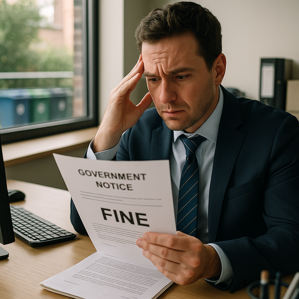 Worried Business Owner Reviewing Government Fine Worried business owner reviewing a government notice with a fine, recycling bins in the background in an office setting.