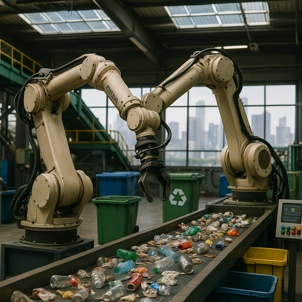 Advanced Recycling Facility with Robotic Sorting Advanced recycling facility with robotic arms sorting recyclables, solar panels on roof, city skyline in background