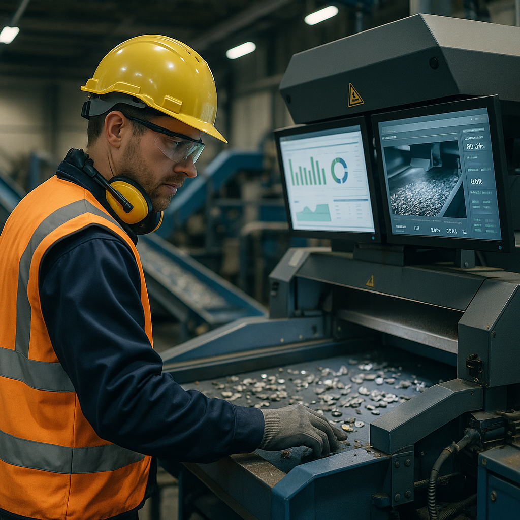 Worker operating an advanced sorting machine in a modern scrap metal recycling facility with conveyor belts of sorted metal pieces and screens displaying automated data.