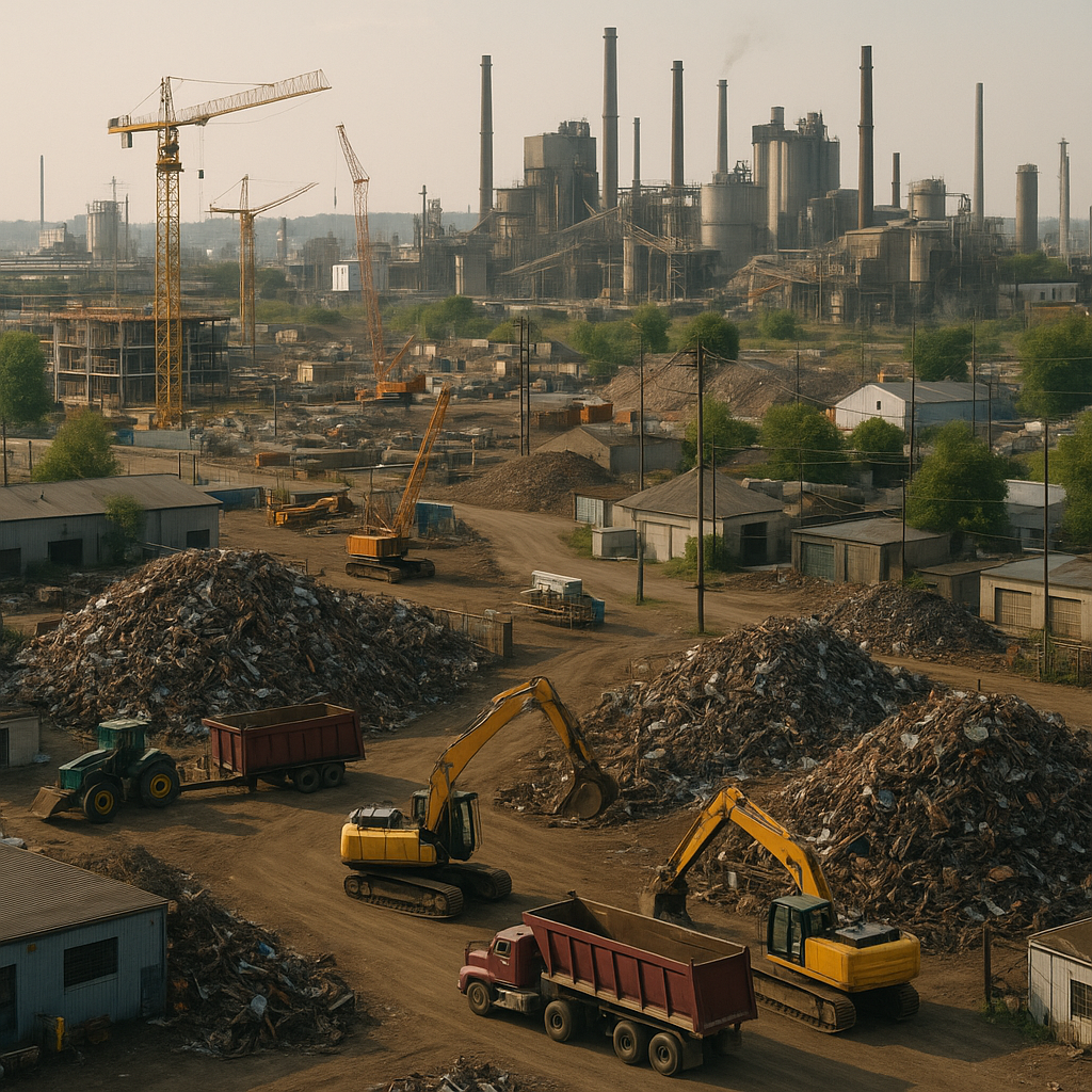 Aerial view of factories, construction sites, and auto salvage yards with visible piles of scrap metal, trucks, and equipment in daylight.