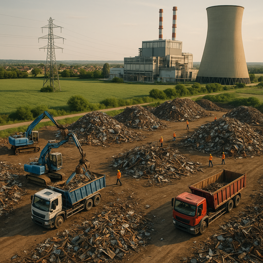 Aerial view of a power plant site with separated piles of scrap metal and waste, surrounded by a green field and a small town. Workers and trucks are in action.