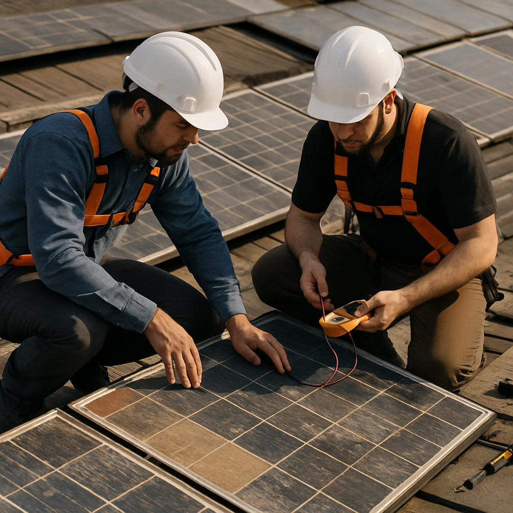 Inspection of Aging Solar Panels Aging solar panels on a rooftop showing wear and faded surfaces, with technicians inspecting them under changing sunlight.