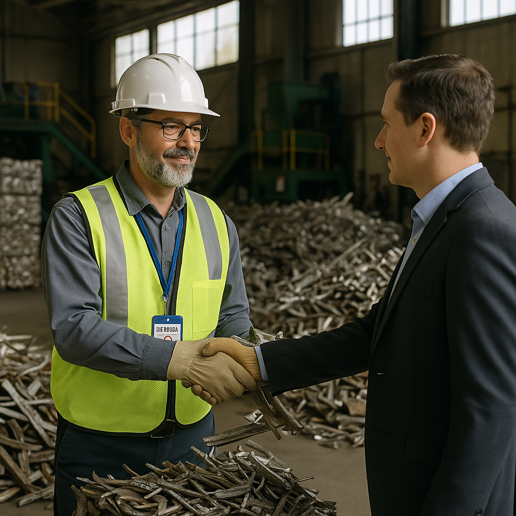 Professional appraiser in safety gear and ID badge inspecting metal scraps, shaking hands with business owner in a recycling facility.