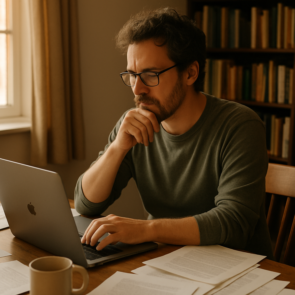 Author at Home Desk Author finishing writing on laptop at home desk in warm lighting, reflecting a thoughtful mood.