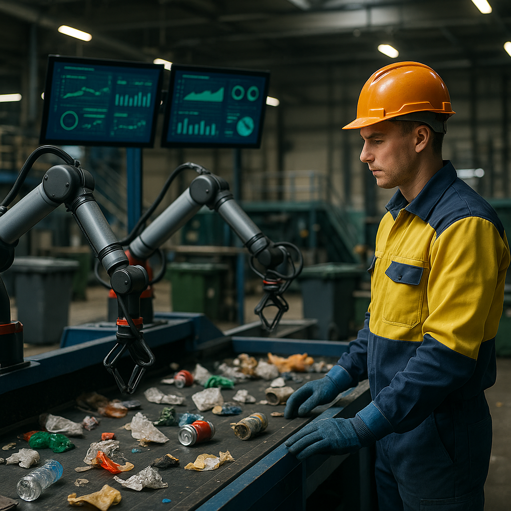 Automated Trash Sorting Process Worker operating automated sorting machine with robotic arms and conveyor belts sorting trash at a modern waste management facility, with screens displaying data analytics in the background.